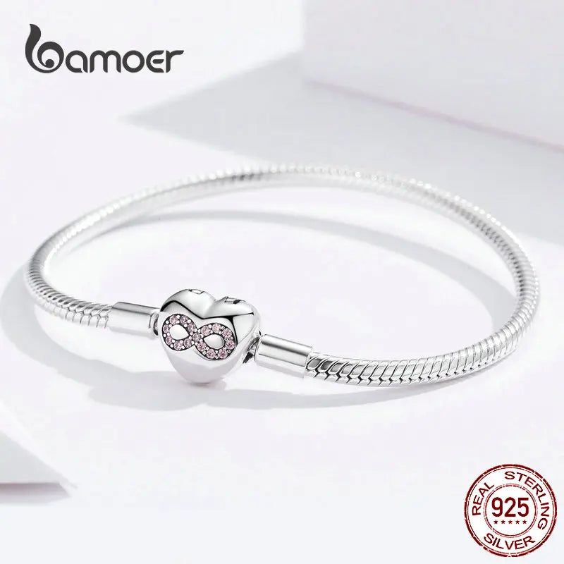 Sterling Silver Infinity Heart Snake Chain Bracelet – 925 Silver 3mm Bangle for Women DIY Jewelry