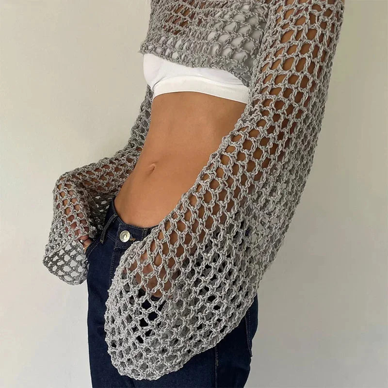 Y2K Green Smocked Knit Crop Top – Backless Hollow Out Long Sleeve Party Blouse for Women