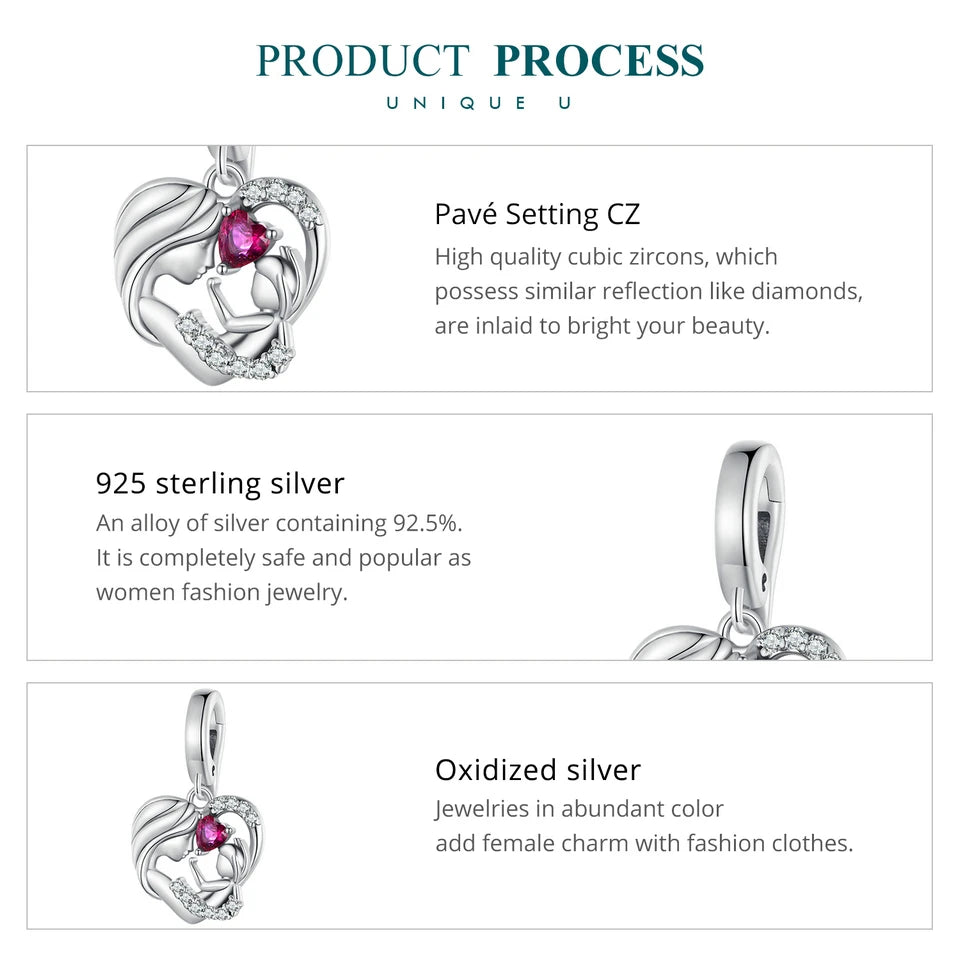 925 Sterling Silver Mother and Child Embrace Charm – Family Pendant for DIY Bracelets