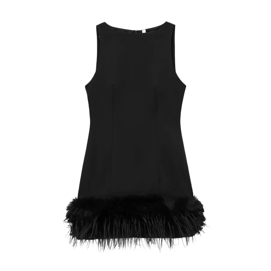 Women's Sexy Feather Embellished Mini Dress – Sleeveless Crew Neck Straight Sundress