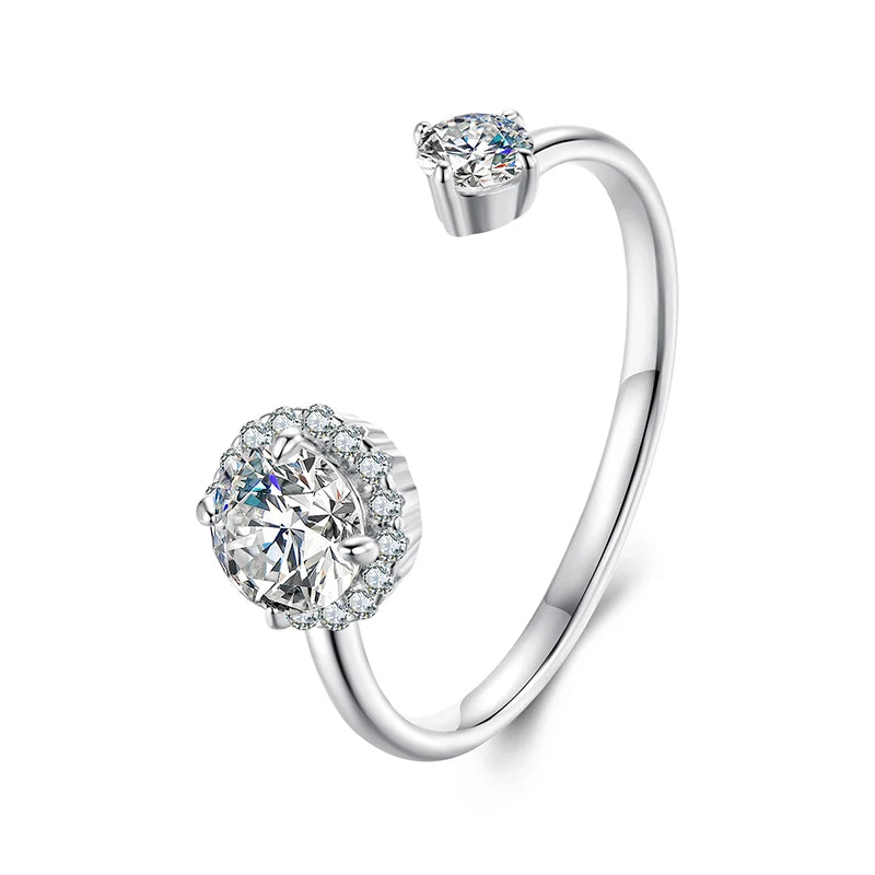 Adjustable Moissanite Open Ring – 925 Sterling Silver with White Gold Plating, 0.7CT D Color VVS1 Stones for Women