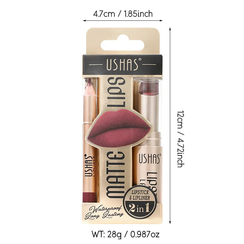 USHAS 12-Color Matte Lipstick & Lip Liner Set – Long-Lasting, Waterproof, Non-Stick Cup Makeup Kit