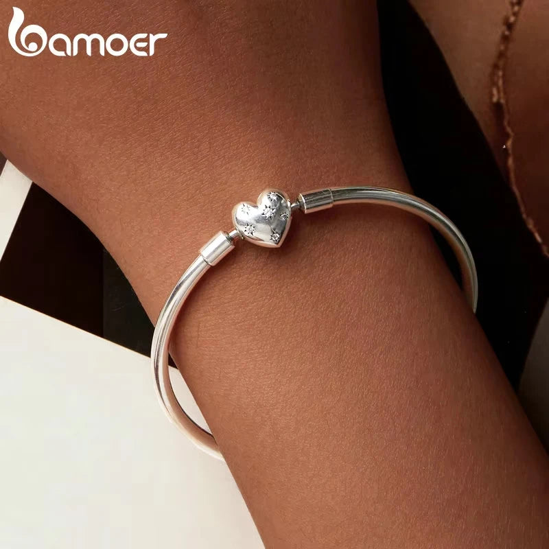 Sterling Silver Charm Bangle with Heart or Shell Design – Classic 925 Basic Bracelet for Women DIY Jewelry