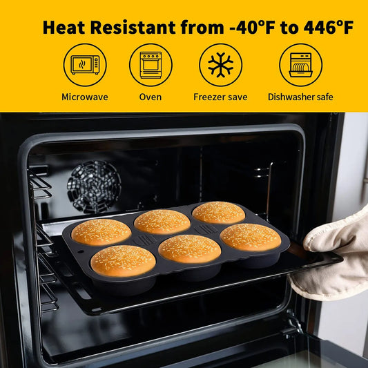 6-Cavity Silicone Hamburger Bun Mold – Reusable Foldable Bread Baking Tray, Heat Resistant from -40℉ to +446℉