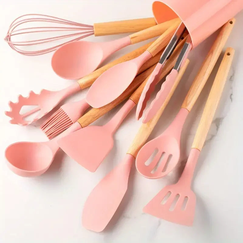 12-Piece Silicone Kitchen Utensil Set – Non-Stick Cooking Tools with Wooden Handles and Heat-Resistant Spatulas & Spoons