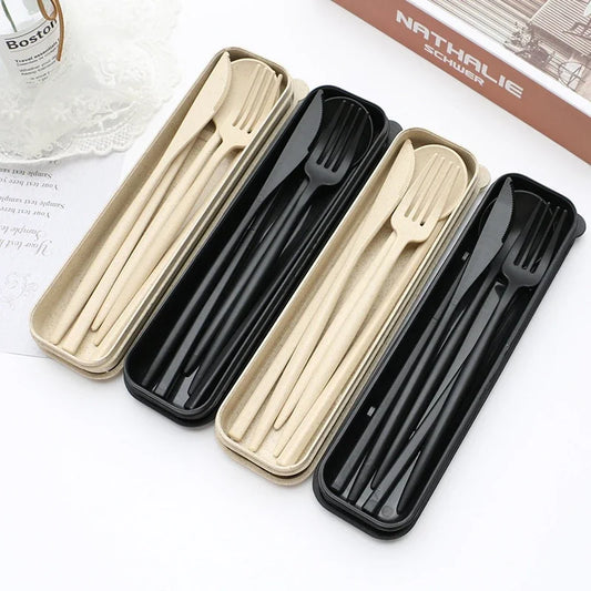 4PCS Portable Wheat Straw Cutlery Set – Spoon, Fork, Chopsticks with Storage Box for Travel & Daily Use