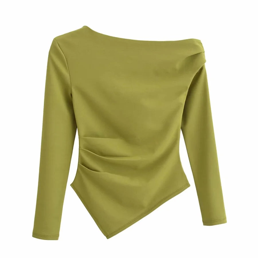 Asymmetrical Pleated Long Sleeve Top – European Style Slim Fit Tee for Women