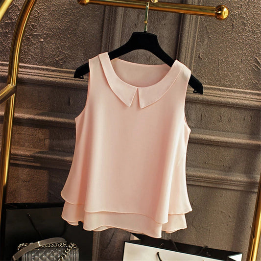 Sleeveless Chiffon Blouse with Peter Pan Collar – Oversized Summer Top for Women