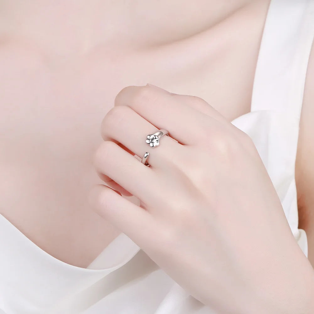 925 Sterling Silver Adjustable Cat Paw Ring for Women – Trendy Animal-Inspired Open Ring for Everyday or Party Wear
