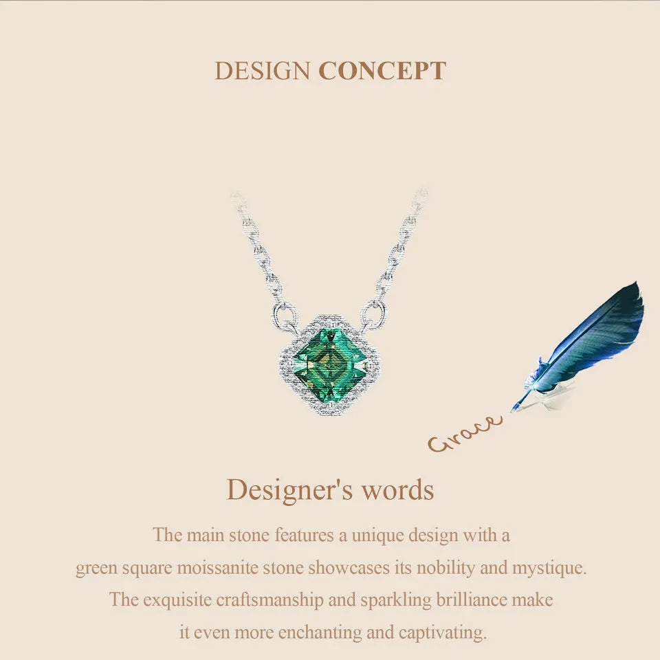 925 Sterling Silver Green Moissanite Pendant Necklace for Women – VVS1 Lab Diamond, 18K White Gold Plated, Classic Fine Jewelry Gift
