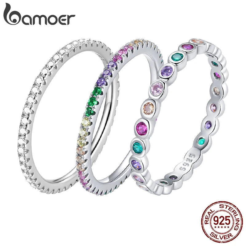 925 Sterling Silver Rainbow Zircon Ring – Dazzling Multicolor CZ Band for Women