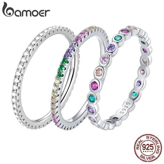 925 Sterling Silver Rainbow Zircon Ring – Dazzling Multicolor CZ Band for Women