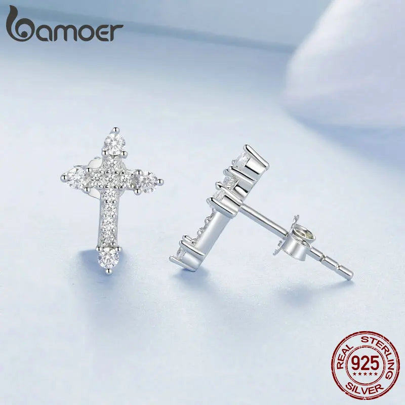 925 Sterling Silver Platinum-Plated Cross Stud Earrings – Hypoallergenic CZ Faith Jewelry for Women