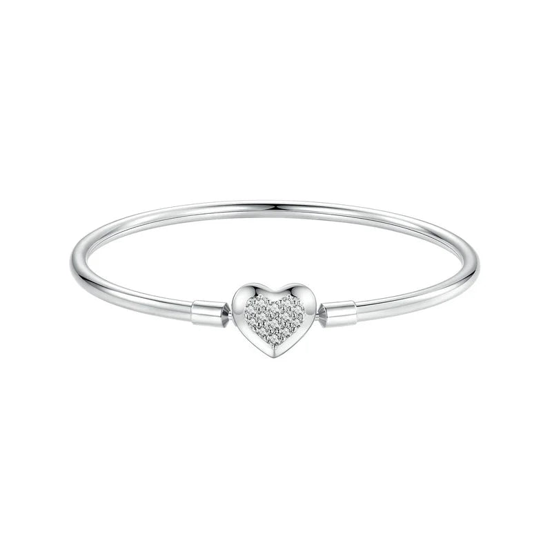 Sterling Silver Charm Bangle with Heart or Shell Design – Classic 925 Basic Bracelet for Women DIY Jewelry
