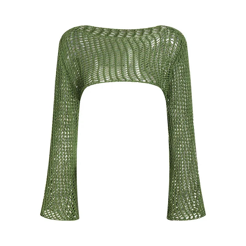 Y2K Green Smocked Knit Crop Top – Backless Hollow Out Long Sleeve Party Blouse for Women