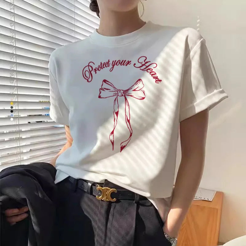 Summer Cotton Printed O-Neck T-Shirt for Women – Korean Y2K Style Casual Short Sleeve Loose Fit Tee