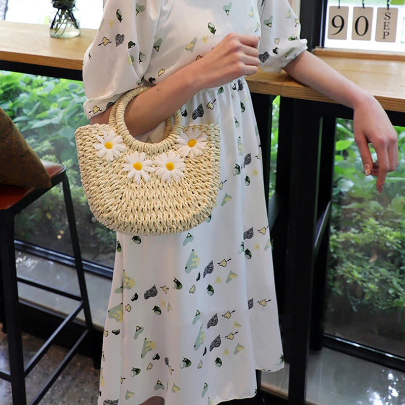 Bohemian Straw Moon Bag – Women's Handmade Woven Beach Shoulder & Crossbody Basket Handbag