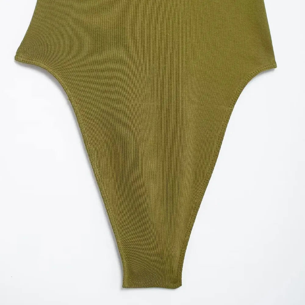 Skinny Ribbed Bodysuit for Women – O-Neck Strappy One-Piece with Snap Closure