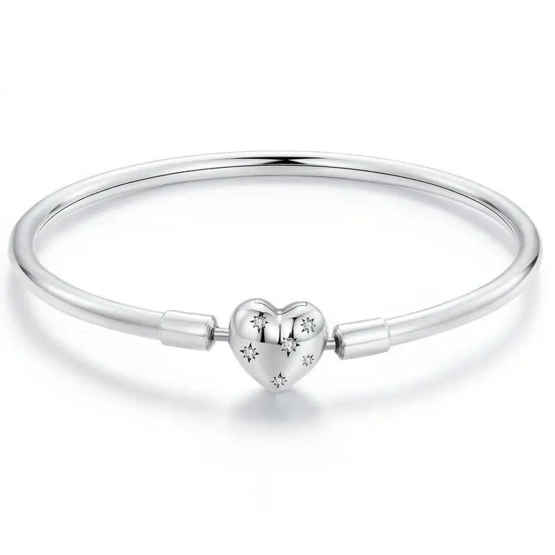 Sterling Silver Charm Bangle with Heart or Shell Design – Classic 925 Basic Bracelet for Women DIY Jewelry
