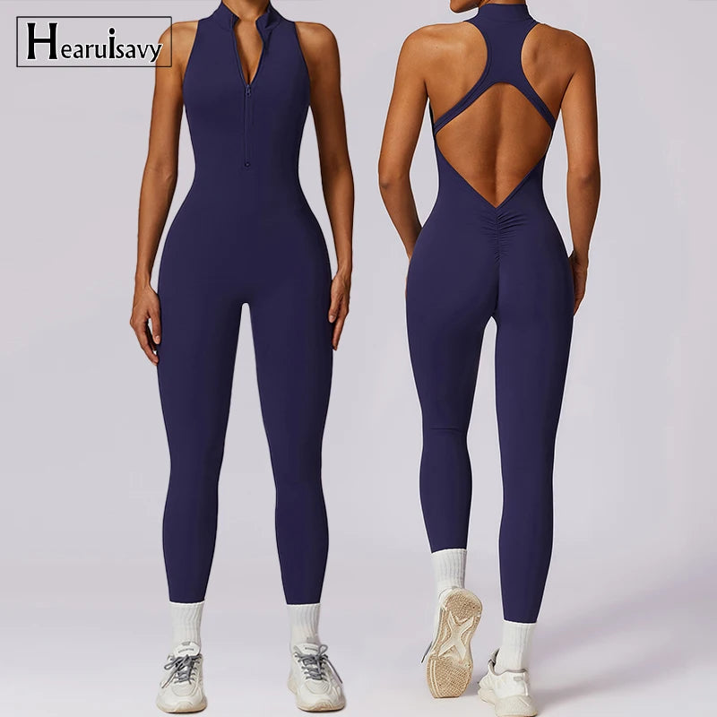 V-Back One-Piece Sports Jumpsuit for Women – Sleeveless Zipper Workout Romper for Yoga, Running & Fitness