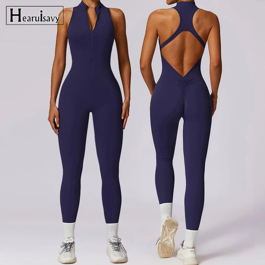 V-Back One-Piece Sports Jumpsuit for Women – Sleeveless Zipper Workout Romper for Yoga, Running & Fitness