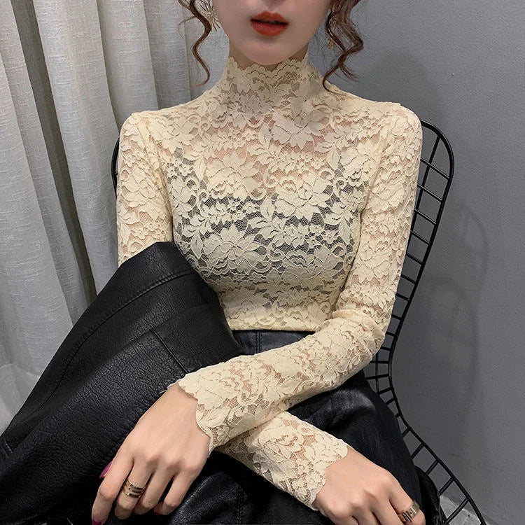 Versatile High Neck Lace Blouse – Elegant Slim Fit with Mock Neckline and Lace Trim