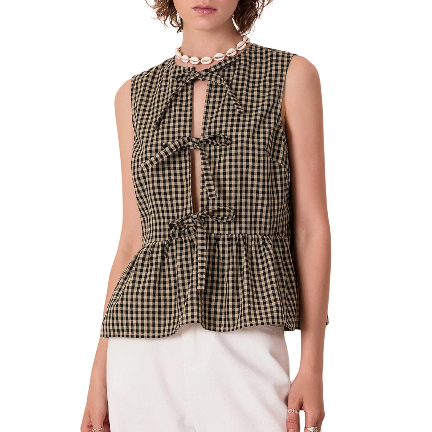 Women's Y2K Peplum Tank Top – Lace-Up Tie Front Sleeveless Crop Shirt with Ruffle Hem and Plaid Pattern for Summer Outfits