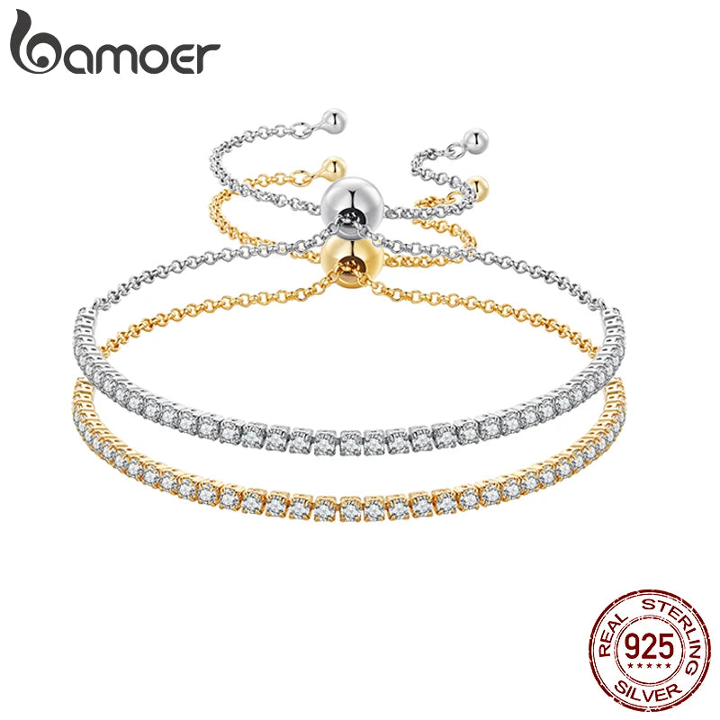 14K Gold Plated CZ Tennis Bracelet – Adjustable 925 Sterling Silver Slider Bracelet for Women