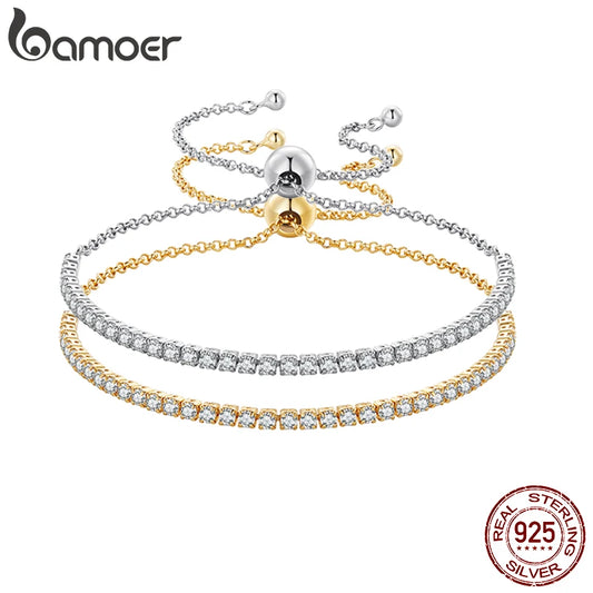 14K Gold Plated CZ Tennis Bracelet – Adjustable 925 Sterling Silver Slider Bracelet for Women