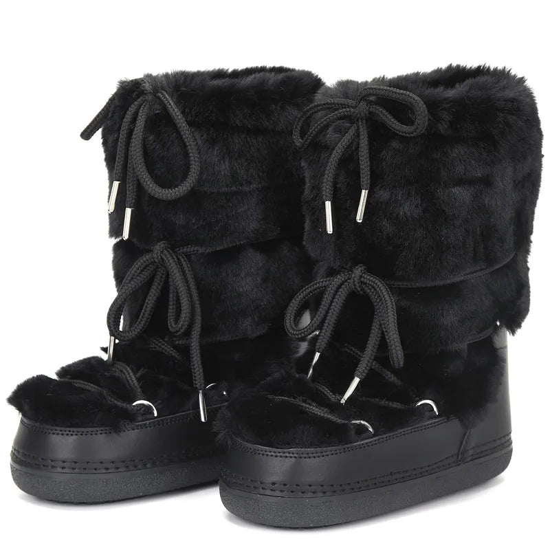 Women's Mid-Calf Snow Boots with Faux Rabbit Fur – Waterproof Winter Platform Ski Boots
