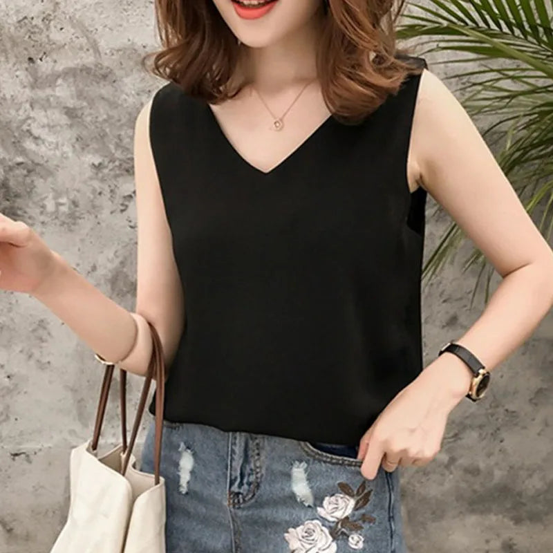 Chiffon V-Neck Sleeveless Blouse – Women's Loose Fit Summer Top in Solid Colors