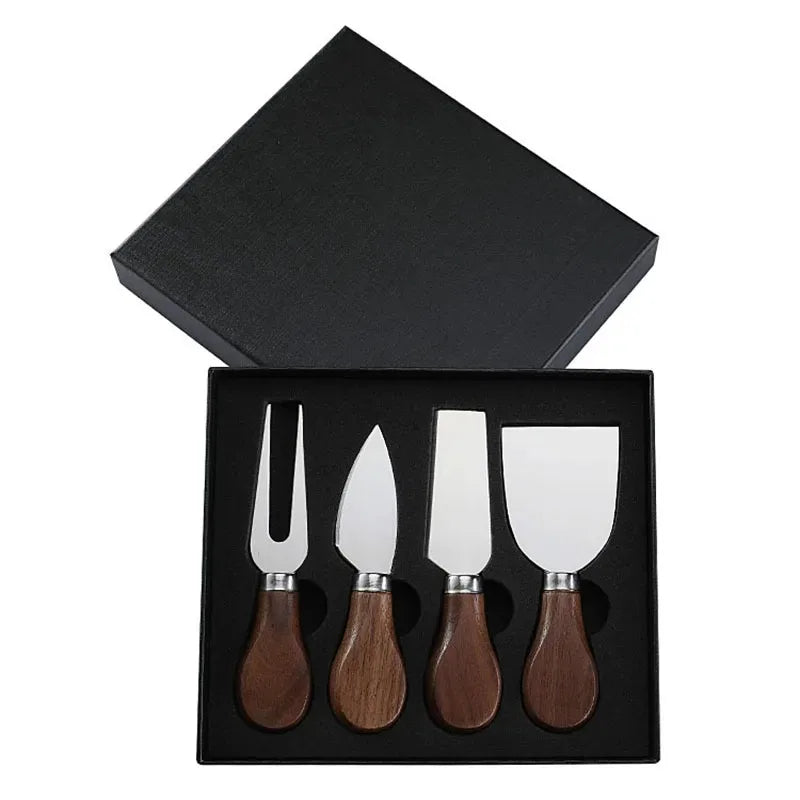 6/4pcs Stainless Steel Cheese Knives Set with Walnut Handle – Fork, Spreader, and Slicer with Gift Box