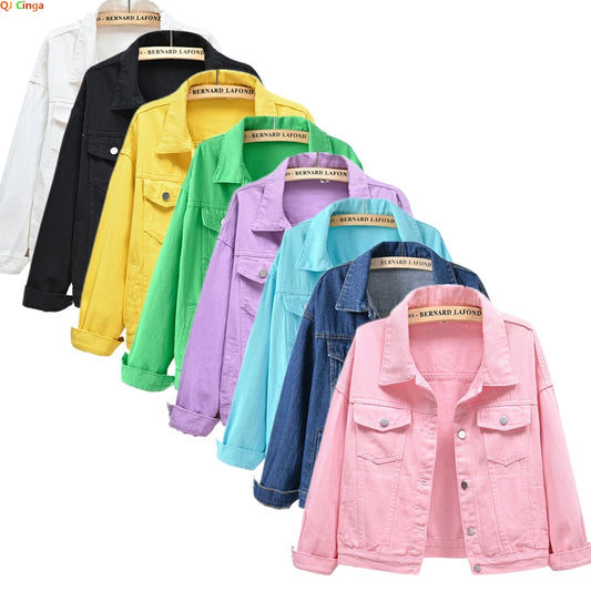 Women's Pure Color Denim Jacket – Lapel Collar Single-Breasted Short Coat with Pockets