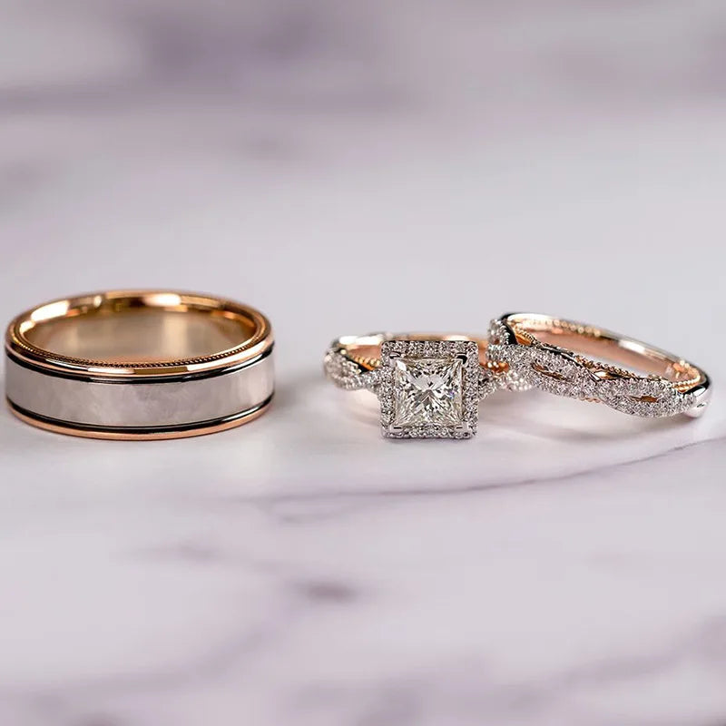 18K Rose Gold Princess Cut Real Diamond Ring – Elegant Bridal Jewelry Set for Women