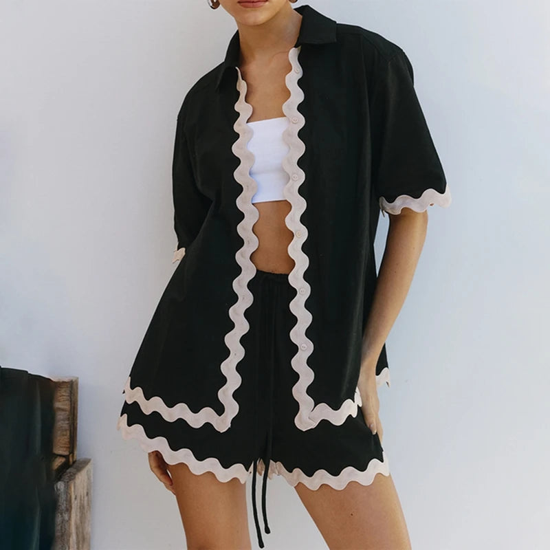 Women's Striped Two-Piece Lounge Set – Loose Button-Up Blouse with Elastic Waist Shorts for Summer Casual and Holiday Wear