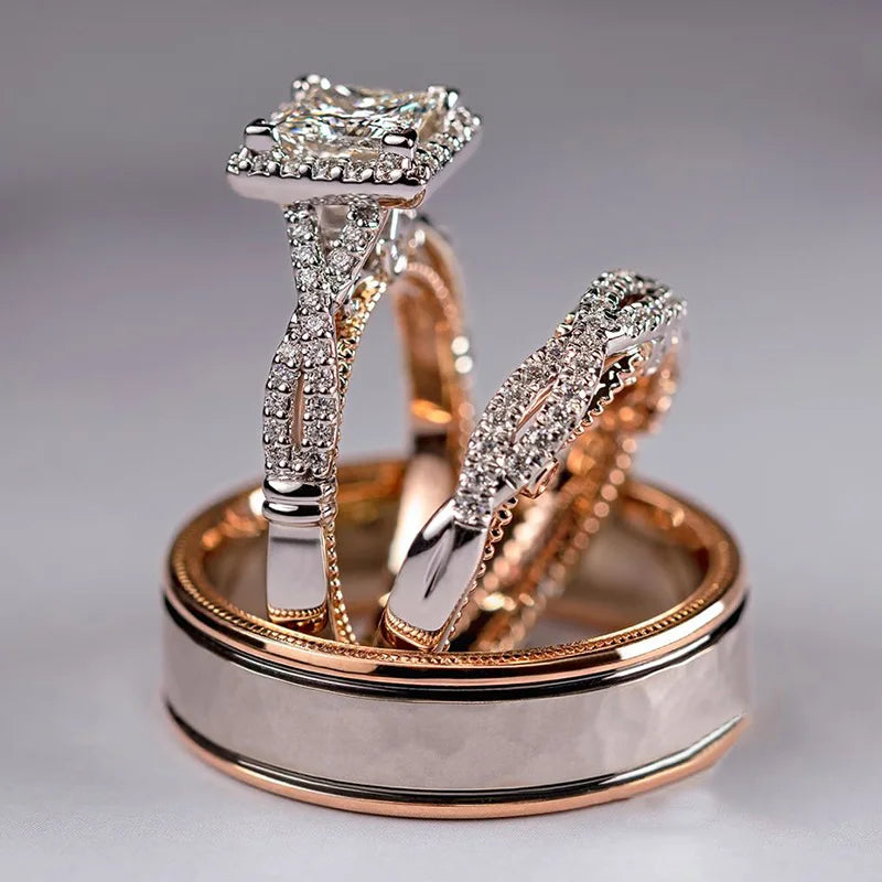 18K Rose Gold Princess Cut Real Diamond Ring – Elegant Bridal Jewelry Set for Women