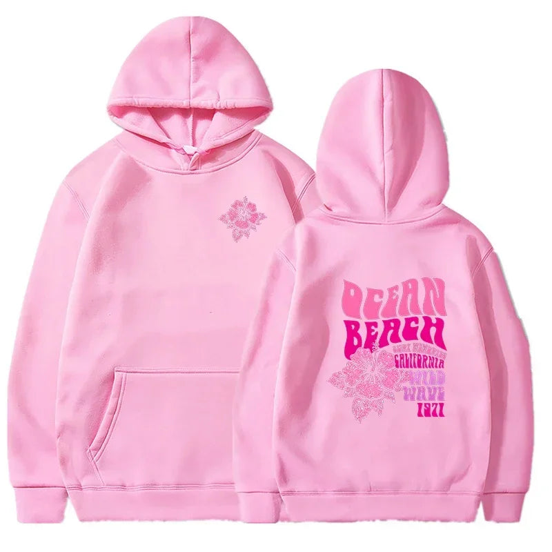 Beach Aesthetic Pink Hoodie with Ocean Flower Slogan – Casual Fleece Pullover Sweatshirt for Women
