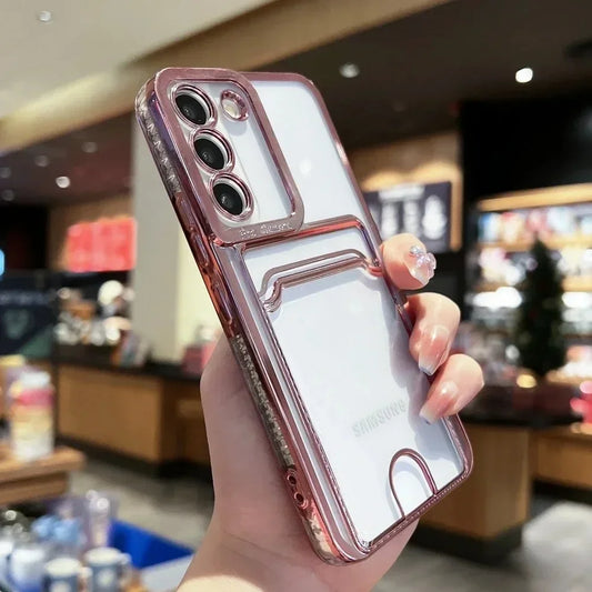 Transparent Card Holder Plating Case for Samsung Galaxy S24/S25/S23/S22/S21/S20 FE/Note 20 & A Series – Wallet TPU Cover with Lens Protection