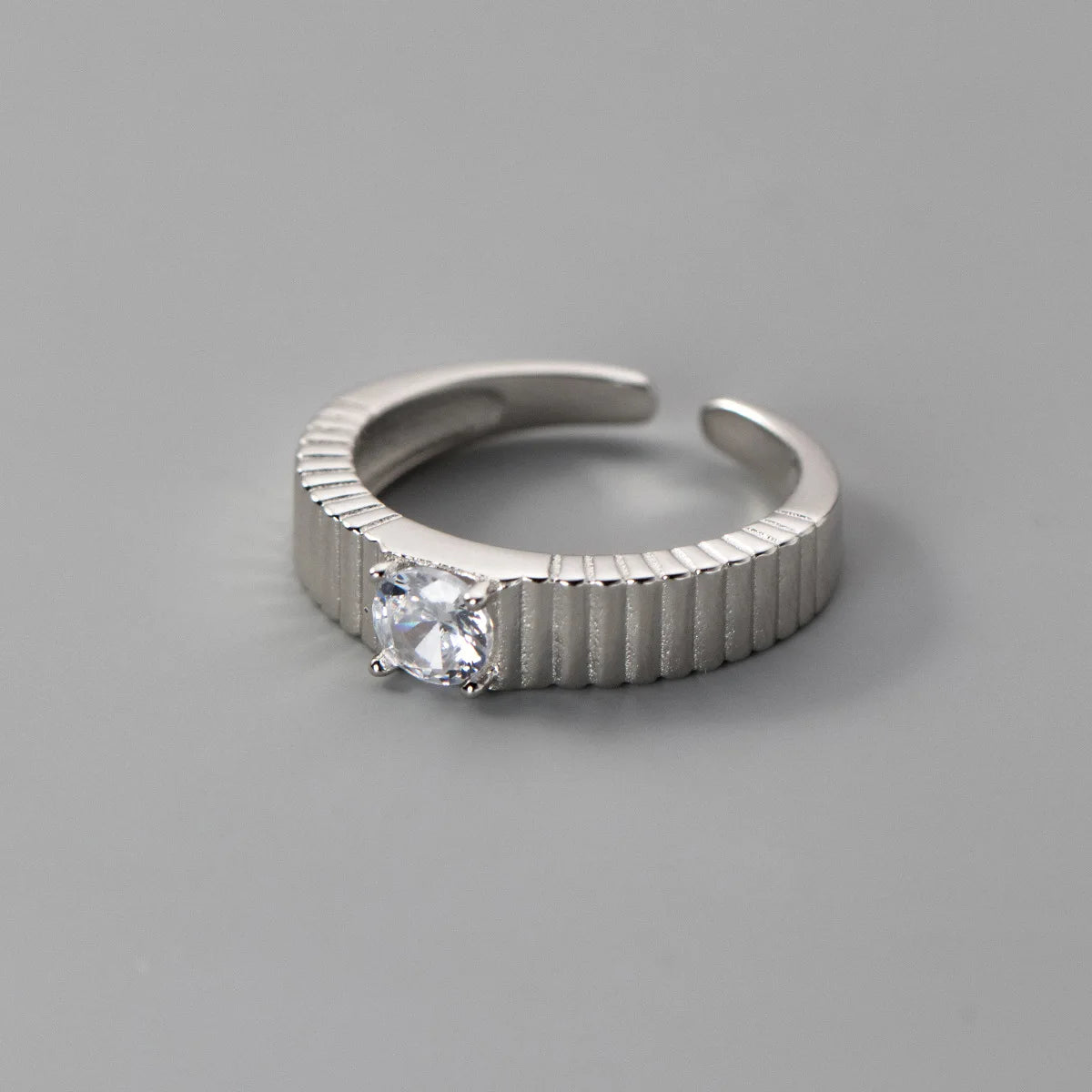 925 Sterling Silver Stripe Zircon Open Ring – Classic Adjustable Cocktail Jewelry for Women