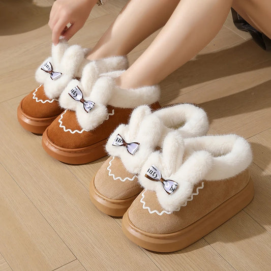 Women's Cute Furry Rabbit Ear Winter Snow Boots – Faux Fur Ankle Boots with Thick Sole and Plush Lining