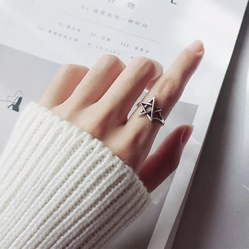925 Sterling Silver Star-Shaped Adjustable Ring for Women – Trendy Wedding and Party Jewelry Accessory
