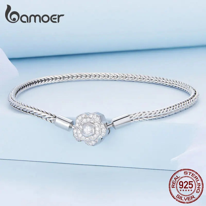 925 Sterling Silver Rose Buckle Snake Chain Bracelet with Zircon – DIY Charm Bracelet for Women