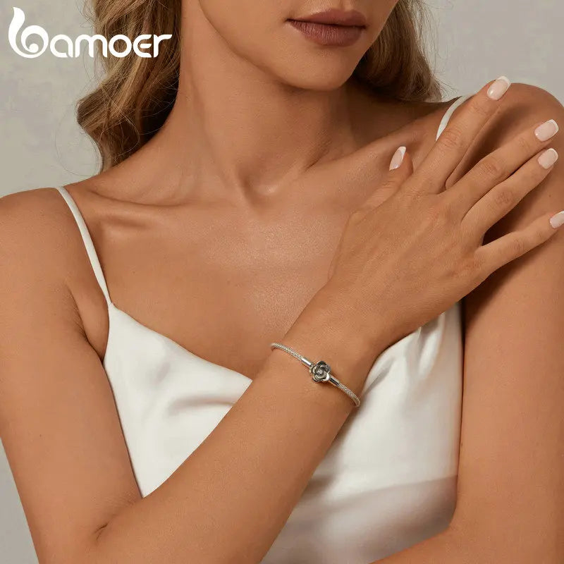 Sterling Silver Rose Buckle Charm Bracelet – 925 Silver Classic DIY Bead Chain for Women, 17CM/19CM/21CM