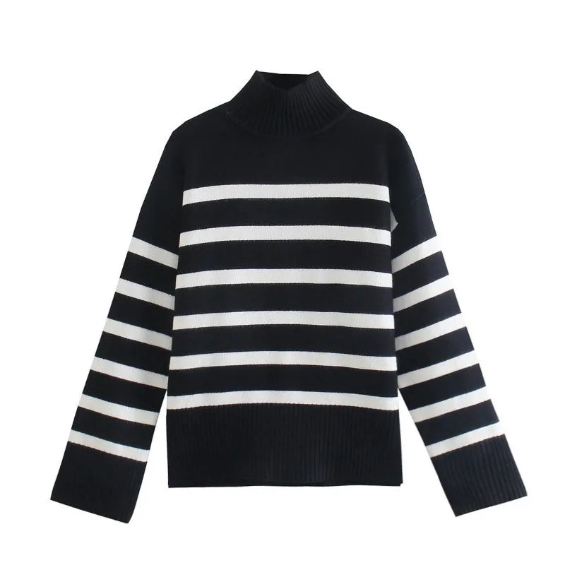 Women's Black and White Striped Turtleneck Sweater – Loose Fit Knit Pullover with Long Sleeves for Autumn and Winter