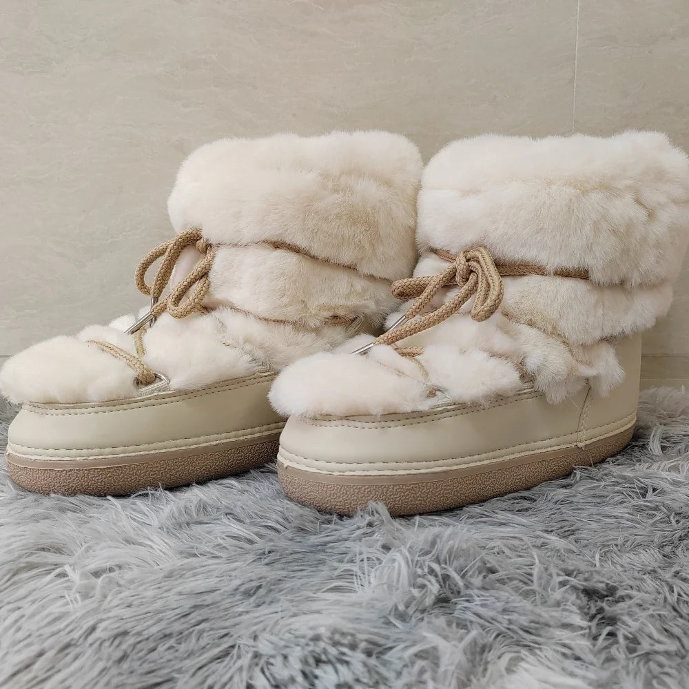Women's Mid-Calf Snow Boots with Faux Rabbit Fur – Waterproof Winter Platform Ski Boots