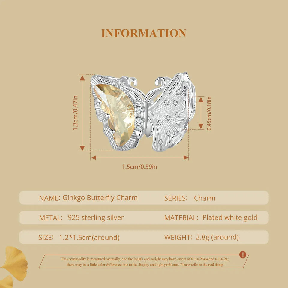 925 Sterling Silver Ginkgo Leaf and Butterfly Heart Charm – Autumn Collection Bead with Zircon for DIY Bracelets