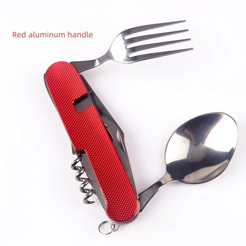 6-in-1 Foldable Camping Utensil Set – Stainless Steel Knife, Fork & Spoon Combo with Bottle Opener for Outdoor, Travel, and Picnic Use