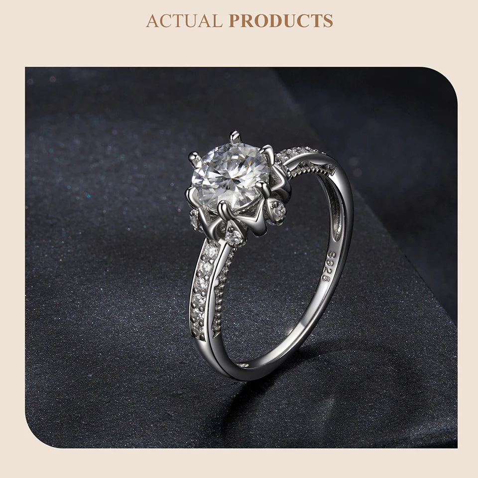 1 Carat Moissanite Flower Ring – D Color VVS1 Round Solitaire on 925 Sterling Silver Plant-Inspired Engagement Band for Women