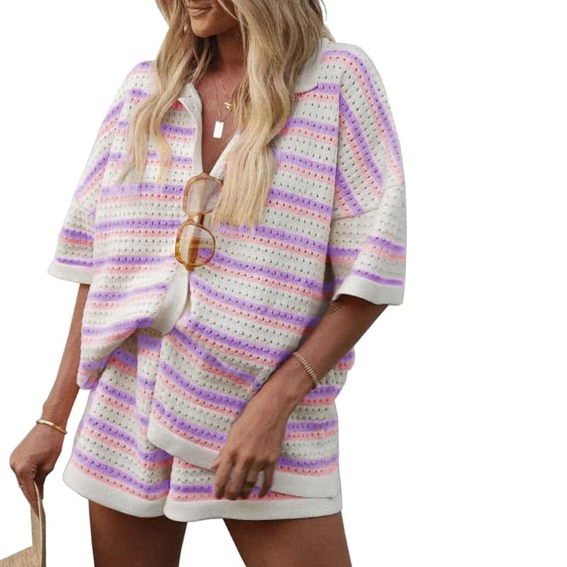 Women's Striped Summer Knit Lounge Set – Button-Up Crochet Blouse and Elastic Waist Shorts Two-Piece Outfit