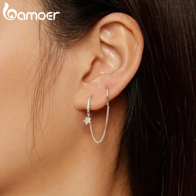 Sterling Silver Mono Double Hoop Chain Earring – Star Statement Design for Women & Teen Girls (Single Piece)